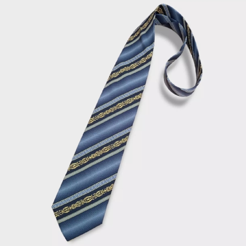 🆕GIANNI VERSACE Blue Striped Baroque Monogram Logo Silk LUXURY Tie ITALY